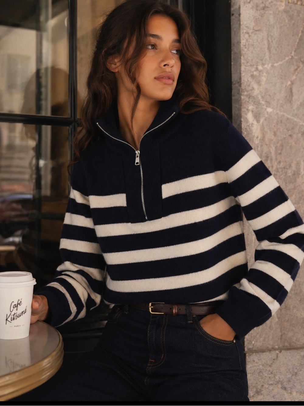 ZARA Navy Blue White Striped 1/4 Zip Oversized Knit Sweater Size XL